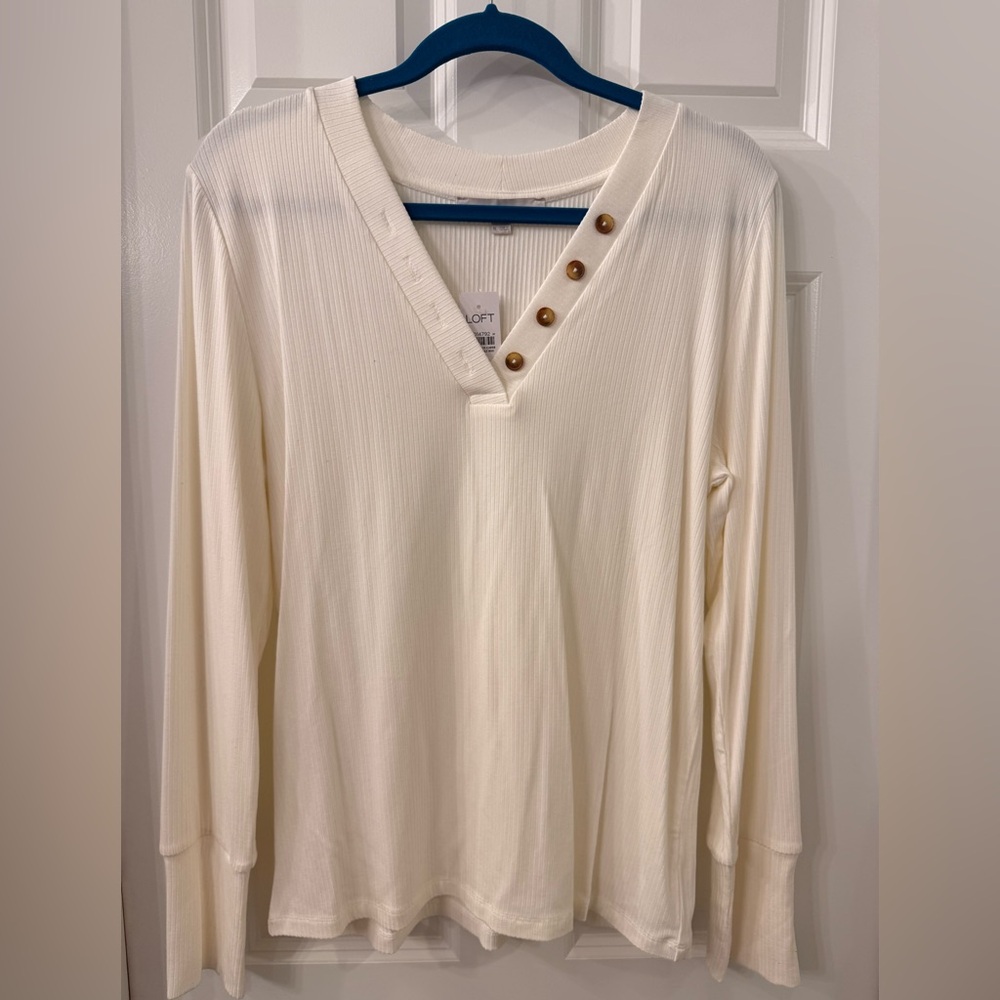 LOFT Cream Ribbed Long-Sleeve V-Neck Top with Button Accents